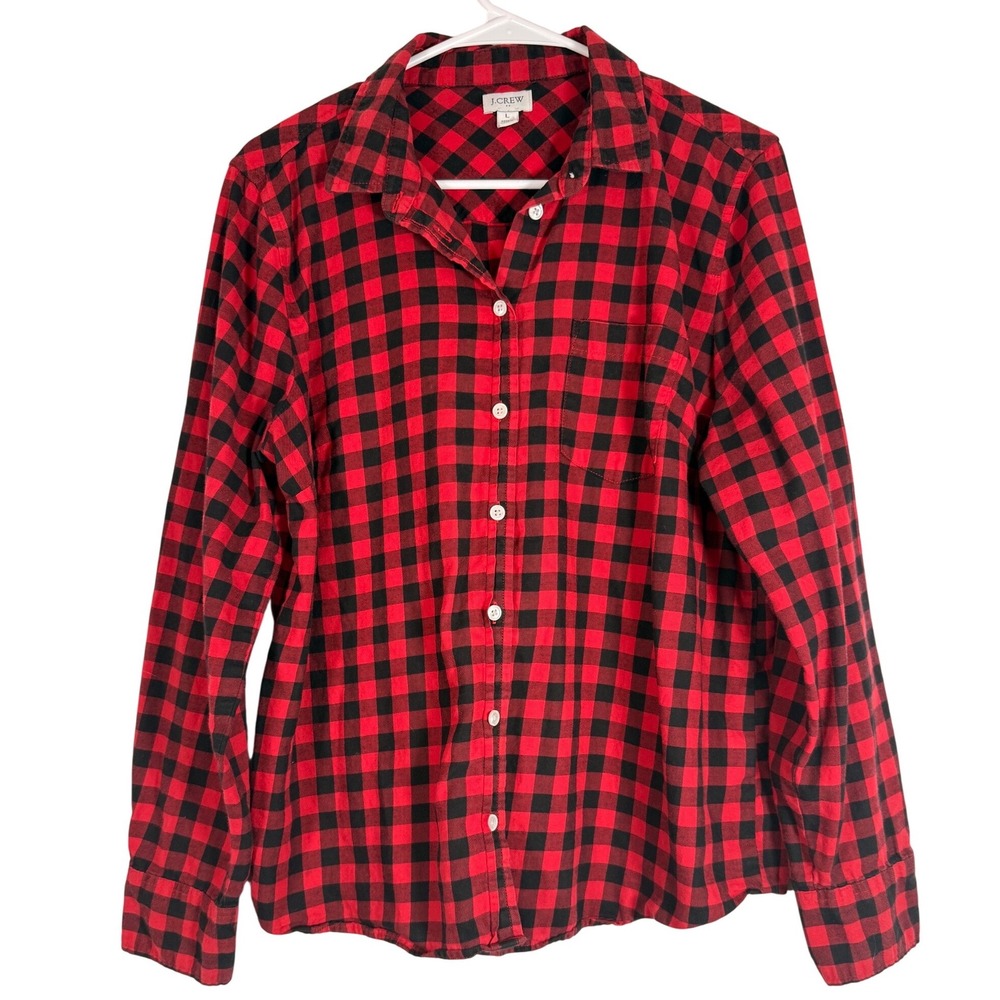J.Crew Womens Red Black Buffalo Check Flannel Button Down Shirt Large L Pocket